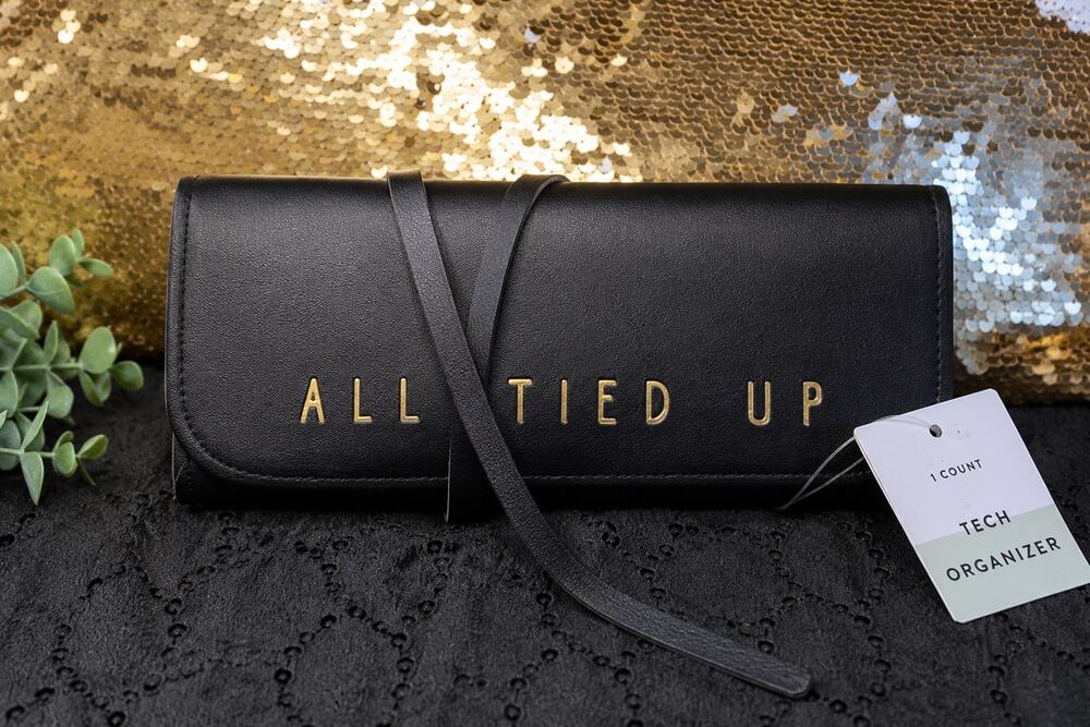 All Tied Up Faux Leather Tech Organizer Black and Gold Wrap Tie New